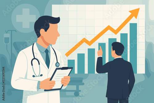 Healthcare business growth concept with doctor and businessman analyzing financial data. Rising bar chart represents medical industry investment, hospital management and market success.