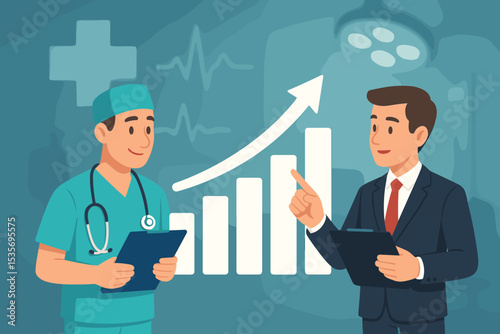 Healthcare business growth concept with a doctor and manager analyzing a financial chart. Medical industry success, hospital management, clinic profit, and investment strategy.