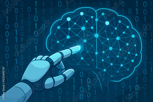 Artificial intelligence AI concept. Robot hand touching glowing digital brain neural network. Machine learning, deep learning, data processing. Futuristic technology and binary code.