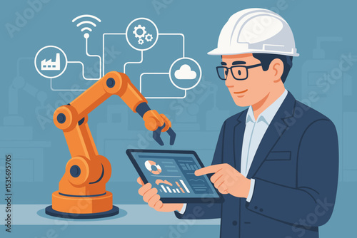 Smart factory concept with engineer controlling industrial robotic arm using a tablet. Industry 4.0 automation, AI-driven manufacturing, IoT network for production control.