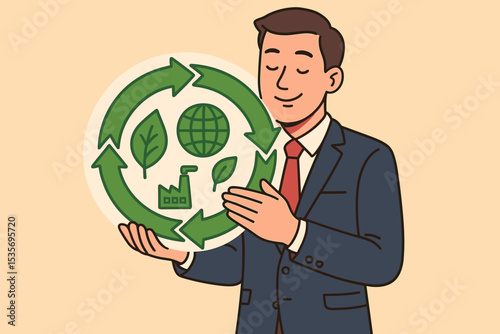 Circular economy vector illustration. Businessman holding green business symbol. Concept of sustainability, ESG, corporate social responsibility, recycling, and eco-friendly industry.