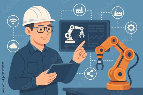 Engineer controlling robotic arm with tablet in smart factory. Industry 4.0 concept with AI, automation, and IoT. Industrial manufacturing and production technology illustration.