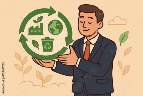 Circular economy concept with businessman. Corporate social responsibility and sustainable business strategy. ESG, recycling, and green industry vector illustration for the environment.