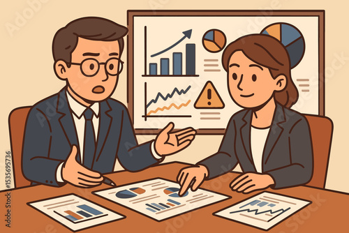 Financial strategy meeting with business people analyzing data. Colleagues discussing charts, graphs and market risk report. Teamwork and corporate planning vector concept.