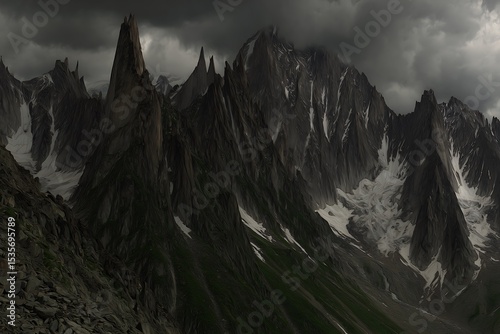Dramatic mountain peaks under stormy skies