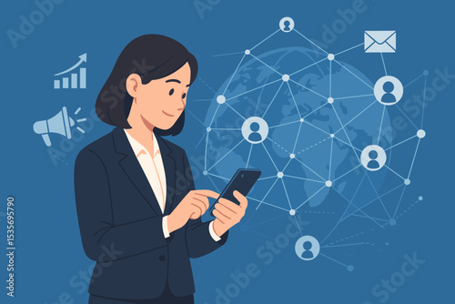 Global business communication concept. Businesswoman with phone managing social network and digital marketing campaign. Corporate growth, analytics, and connectivity technology vector.