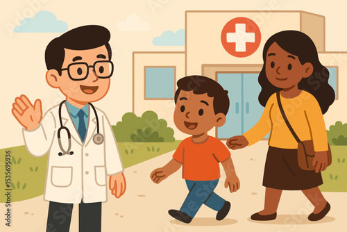 Friendly pediatrician doctor waves goodbye to happy mother and child patients leaving the hospital clinic. Family healthcare, medical checkup, and positive consultation concept vector.