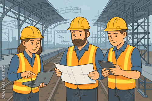 Railway station construction team. Engineers and workers planning project with blueprint, laptop, and tablet. Infrastructure development. Diverse group teamwork concept. Vector.