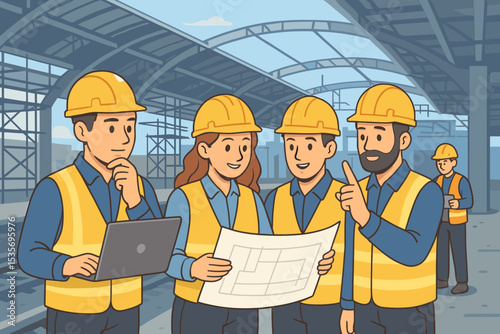 Diverse construction team of engineers and builders collaborating on a project at a railway station building site. Architect discussing blueprint with workers. Teamwork concept.