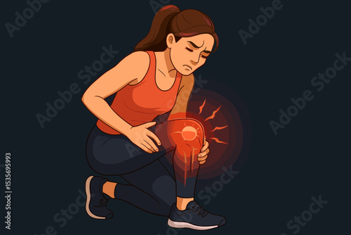 Sportswoman suffering from acute knee pain. Female athlete holding aching joint with red inflammation. Illustration for sports injury, arthritis, trauma, or joint disease symptom.