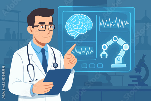 Doctor using futuristic interface for neurological analysis. Concept for AI in medicine, healthcare innovation, robotic surgery, and advanced diagnostics. Scientist in a modern lab.