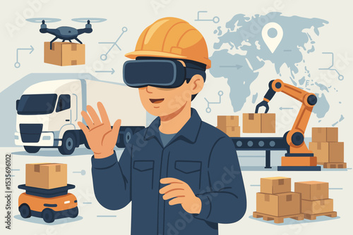 Warehouse worker using VR headset for smart logistics management. Concept for supply chain automation, drone delivery, robotic arm, autonomous vehicle. Future of global distribution.