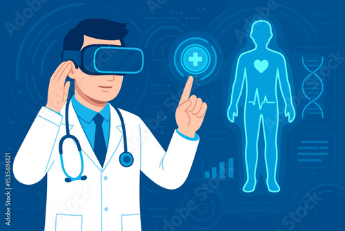 Doctor using virtual reality headset for medical diagnosis. Futuristic healthcare technology concept with holographic human body, DNA, and ECG. Metaverse in medicine illustration.