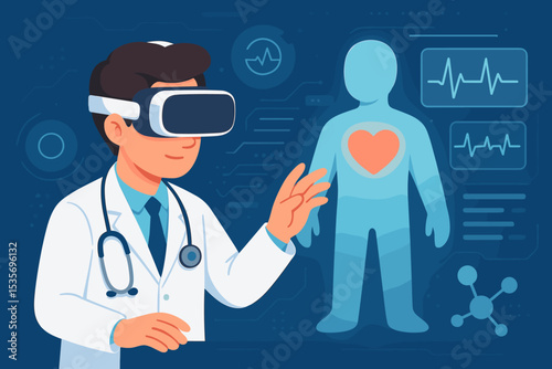 Doctor in VR headset examines a virtual patient. Metaverse healthcare concept. Futuristic medical technology with augmented reality for diagnosis, EKG, and heart analysis.