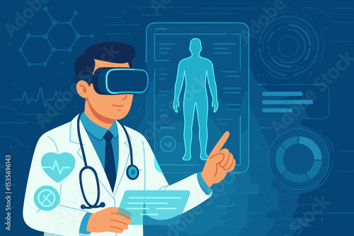 Doctor using virtual reality for medical analysis. VR headset, futuristic interface with human body scan. Concept for healthcare technology, telemedicine, digital health, metaverse, innovation.
