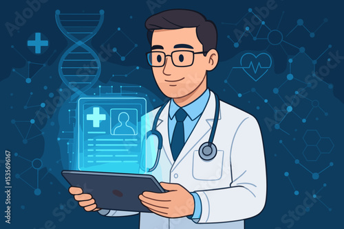 Doctor using a tablet for digital healthcare. Telemedicine and e-health concept. Futuristic interface with electronic patient record, DNA analysis, and medical data. Technology.