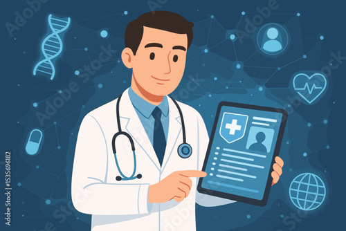 Doctor with tablet showing electronic medical record. Digital healthcare, telemedicine, and health tech concept. Vector illustration with futuristic network background and medical icons.