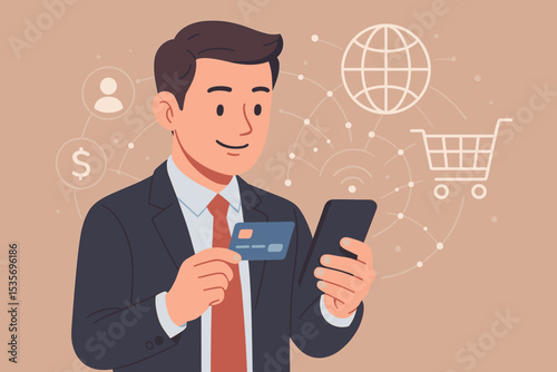 Businessman makes online payment with credit card and smartphone. E-commerce, mobile banking concept. Digital transaction, online shopping, fintech illustration. Global payment network.