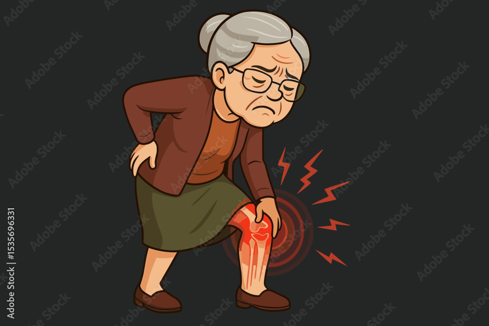 Elderly woman suffering from knee pain. Senior with joint inflammation from arthritis or osteoarthritis. Medical vector of chronic leg ache, injury, and back pain in old age.