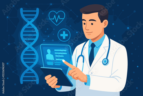 Doctor with tablet representing digital health innovation and telemedicine. Futuristic healthcare technology concept with electronic medical records, patient data, DNA, and cardiology icons.