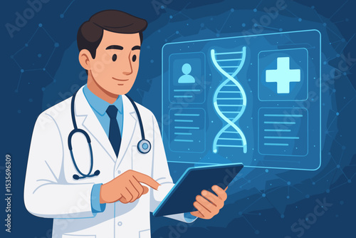 Doctor holding tablet with futuristic digital interface showing DNA helix. Medical technology, digital health, and genetics innovation concept. E-health, EHR, telemedicine vector.