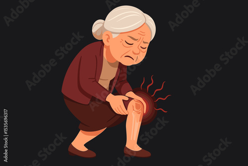 Elderly woman suffering from knee pain. Senior character with joint inflammation, arthritis, osteoarthritis. Medical vector illustration of aging health problems, leg injury.