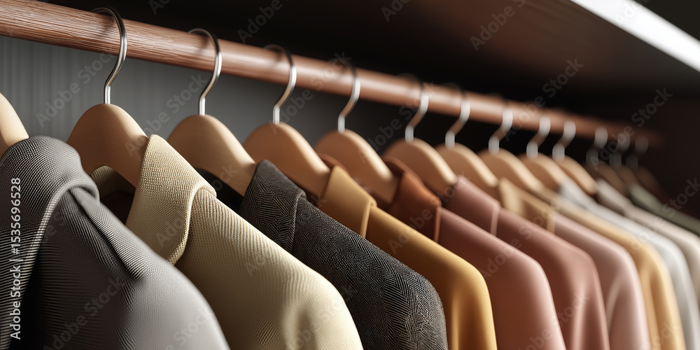 Obraz premium Side view of hanging section with color-coordinated dresses and blazers on wooden hangers, modern closet design.