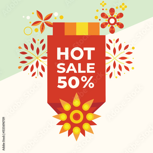 Hot Sale background template with burning tag. Discount label special offer shopping banner