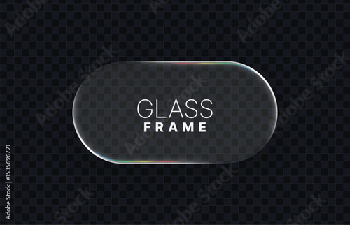 Rounded glass frame with colorful reflections for design element. Liquid glass. Glass screen or panel effect for modern interface. Vector graphics.