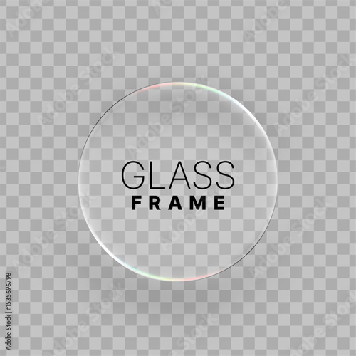 Transparent circular liquid glass frame with text glass frame. Realistic element with light reflection for web design or product display. Vector graphics.