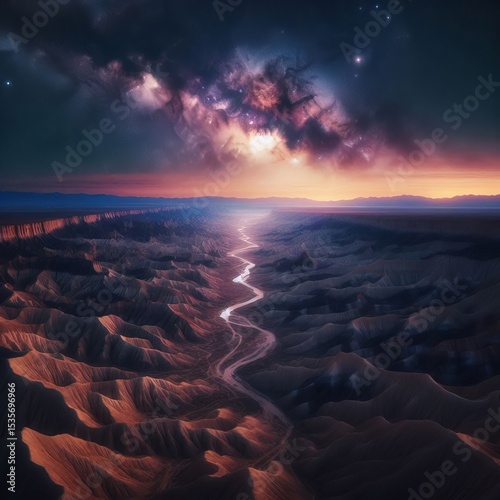 A vast desert canyon illuminated by the soft glow of the Milky W