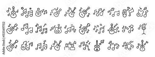 Set of Music and Instrument Line Icons Collection – Musical Notes, Guitars, and Sound Symbols