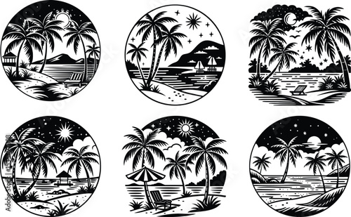 Tropical Beach Scenes Palm Trees Ocean Night Day Sun Moon Stars