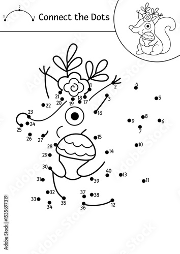 Vector black and white fairyland dot-to-dot activity with squirrel. Enchanted forest connect the dots game, coloring page with woodland animal. Fairytale printable worksheet with magic creature