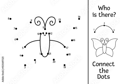 Vector black and white fairyland dot-to-dot activity with butterfly. Enchanted forest connect the dots game, coloring page with insect. Fairytale printable worksheet with magic creature