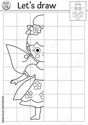 Complete the fairy. Vector fairyland symmetrical drawing practice worksheet. Fairytale printable black and white activity for kids. Magic forest copy the picture coloring page with cute girl
