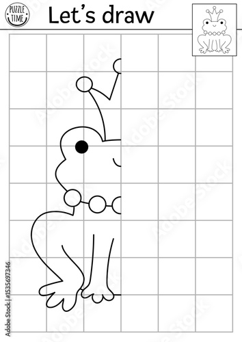 Complete the frog prince. Vector fairyland symmetrical drawing practice worksheet. Fairytale printable black and white activity for kids. Magic forest copy the picture coloring page with cute animal