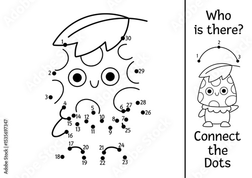 Vector black and white fairyland dot-to-dot activity with mushroom waving hand. Enchanted forest connect the dots game, coloring page. Fairytale printable worksheet with magic creature
