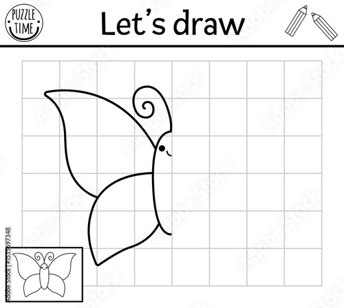 Complete the butterfly. Vector fairyland symmetrical drawing practice worksheet. Fairytale printable black and white activity for kids. Magic forest copy the picture coloring page with cute insect