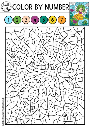 Vector fairyland color by number activity with swamp fairy, water lilies, pond. Magic forest landscape scene. Black and white counting game with cute fantasy girl. Fairytale coloring page for kids