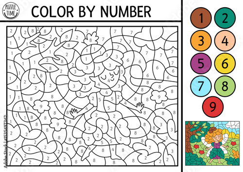 Vector fairyland color by number activity with acorn fairy on the meadow. Magic forest landscape scene. Black and white counting game with cute fantasy girl. Fairytale coloring page for kids