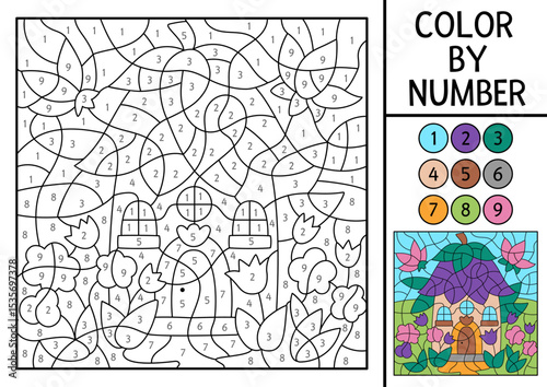 Vector fairyland color by number activity with flower fairy house. Magic forest landscape scene. Black and white counting game with cute fantasy home. Fairytale coloring page for kids