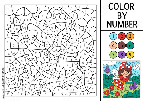 Vector fairyland color by number activity with mushroom fairy on the meadow. Magic forest landscape scene. Black and white counting game with cute fantasy girl. Fairytale coloring page for kids