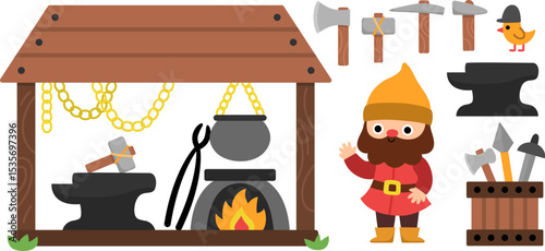 Vector blacksmith dwarf clipart set. Cute ironsmith gnome collection. Fairytale character illustrations. Magic creature pack with forge, tools, hammer, sward, chains, anvil. Little smith icons