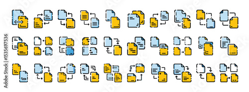 Set of Colorful File and Document Management Icons Collection – File Sharing, Folders, and Data Organization Symbols