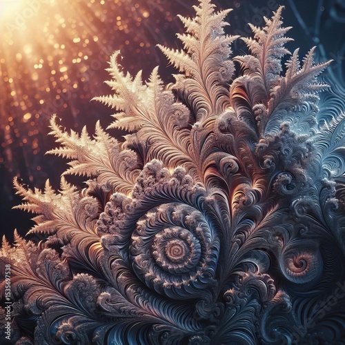 Close up of translucent ice crystals on a window fractal pattern