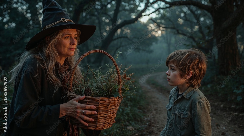 Obraz premium Sorceress offering Jacob a basket of magic grass with a cunning smile, mystical exchange in enchanted garden, illustration for the fairy tale