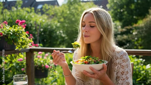 Young woman eating a fresh vegan salad on a patio surrounded by greenery and soft sunlight, embracing clean and mindful eating.