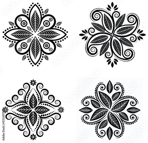 A graceful set of four symmetrical floral mandalas, intricately designed with bold leaf motifs, swirls, and dotted accents in black.