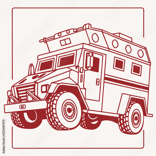 Armored truck icon in red technical sketch style